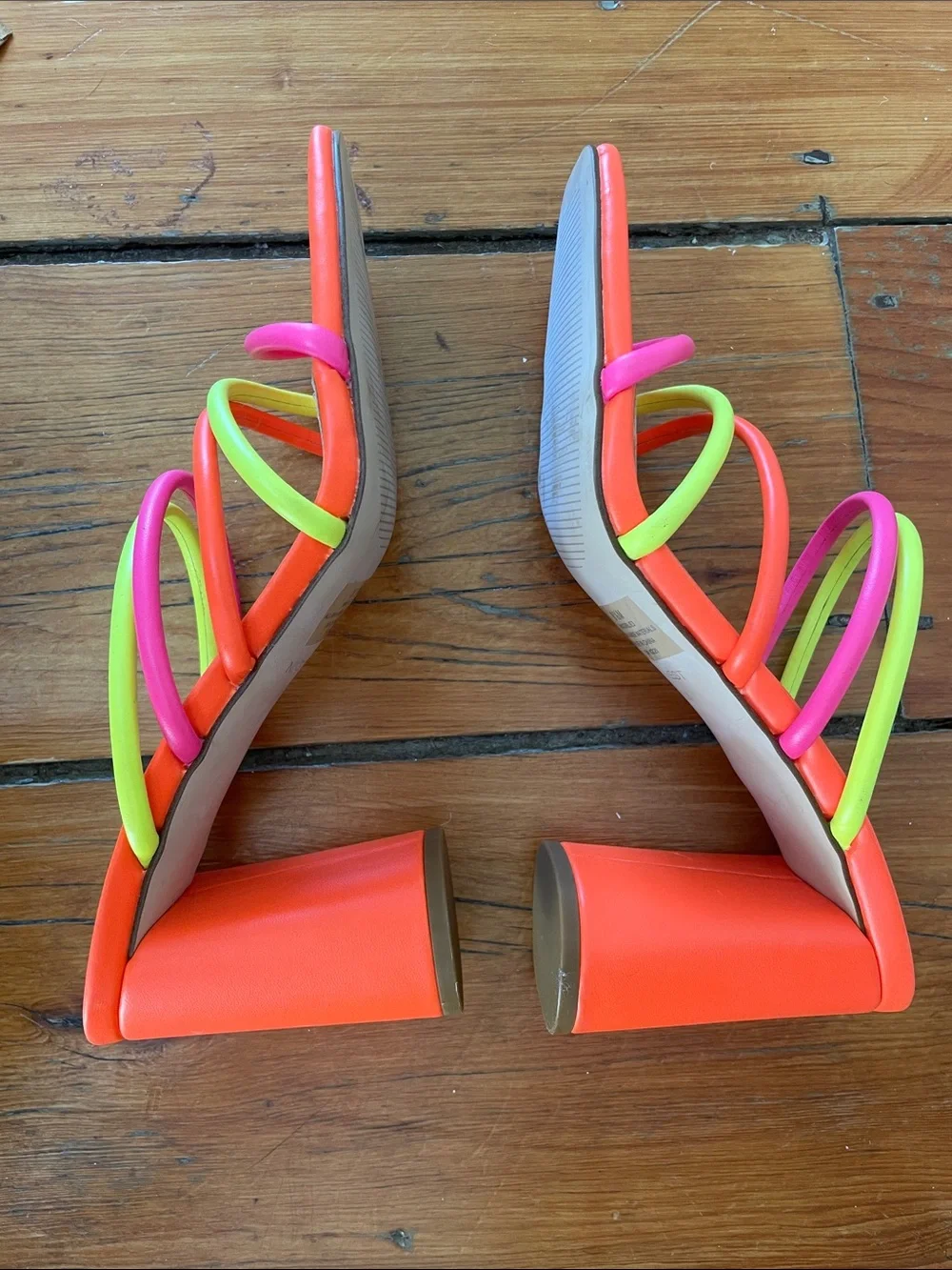 Nine West Neon Orange Slide Heels with Pink & Yellow Strappy Accents